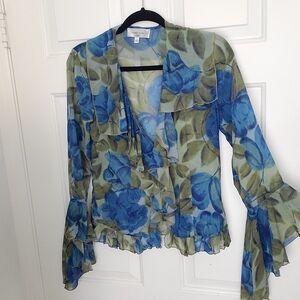 RONNY KOBO, Blue & Olive Floral Ruffle Wrap Blouse